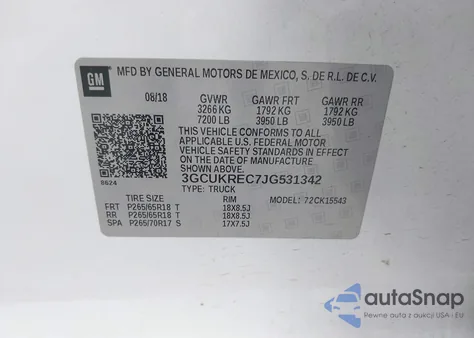 2018 Chevrolet Silverado 1500 2Lt из США, поврежденный, VIN 3GCUKREC7JG531342